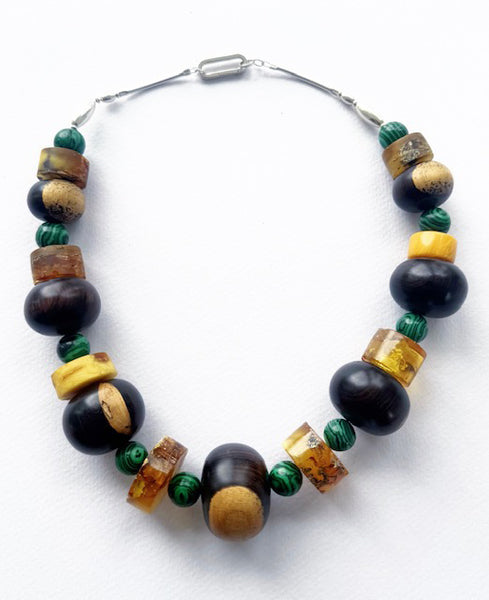 . NESHKA artwork 'AMBER, MALACHITE AND TIGER EBONY NECKLACE' at Canada House Gallery