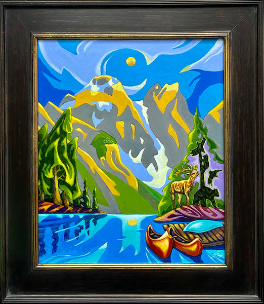 K Neil Swanson artwork 'RED CANOES BLUE MORAINE' at Canada House Gallery