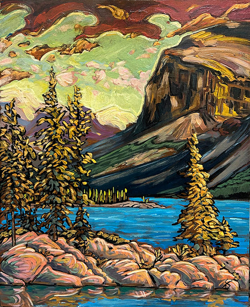 Aron Szabo artwork 'GOLDEN HOUR AT MINNEWANKA' at Canada House Gallery