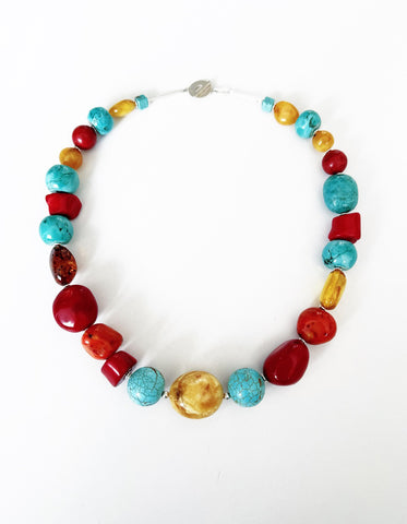 TURQUOISE, AMBER AND TINTED CORALS NECKLACE