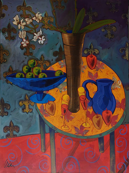 Grant Leier artwork 'GREEN ORANGES & BLUE JUG ON LOVE GLOW TABLE' at Canada House Gallery