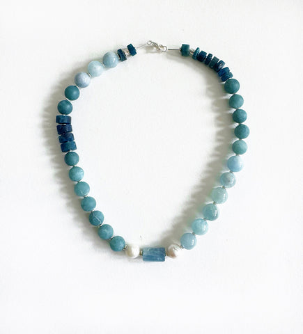 AQUAMARINE, TOURMALINE & FRESH WATER PEARLS NECKLACE