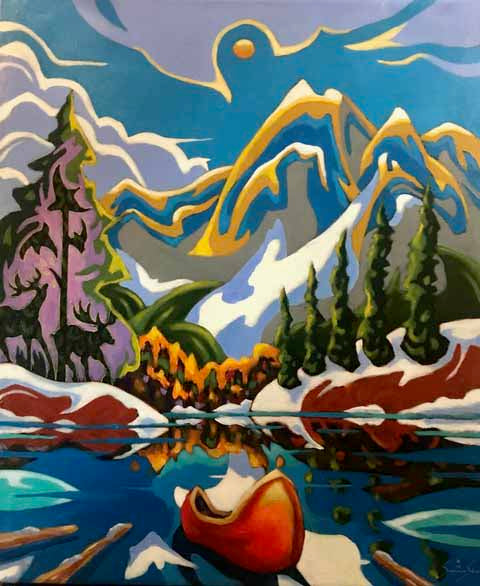K Neil Swanson artwork 'RED CANOE ON EMERALD' at Canada House Gallery