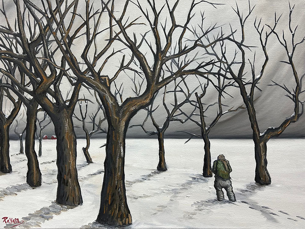 Glenn Payan artwork 'GUY WALKNG IN THE SNOW UP A TREE-LINED STREET' at Canada House Gallery