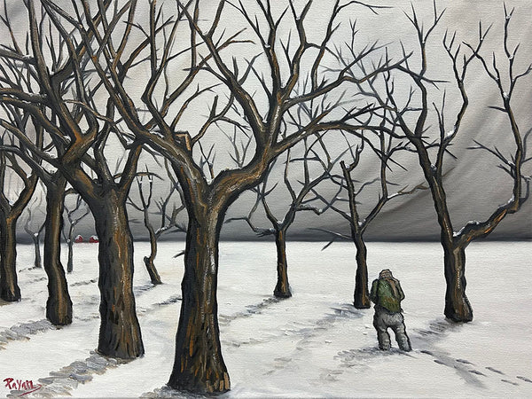 Glenn Payan artwork 'GUY WALKNG IN THE SNOW UP A TREE-LINED STREET' at Canada House Gallery