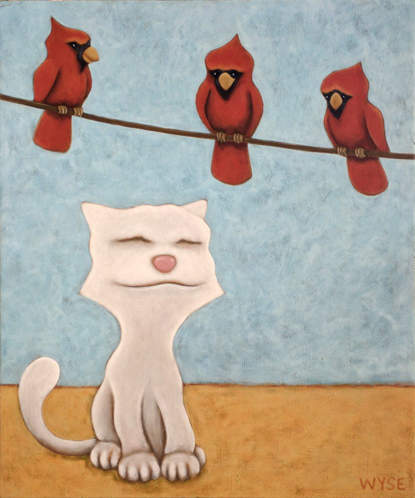 Peter Wyse artwork 'TOM CAT AND THE CARDINALS' available at Canada House Gallery - Banff, Alberta