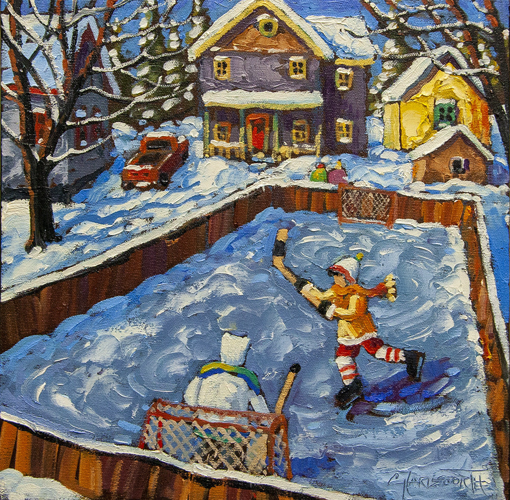 Rod Charlesworth artwork 'THE LITTLE BACKYARD RINK' available at Canada House Gallery - Banff, Alberta