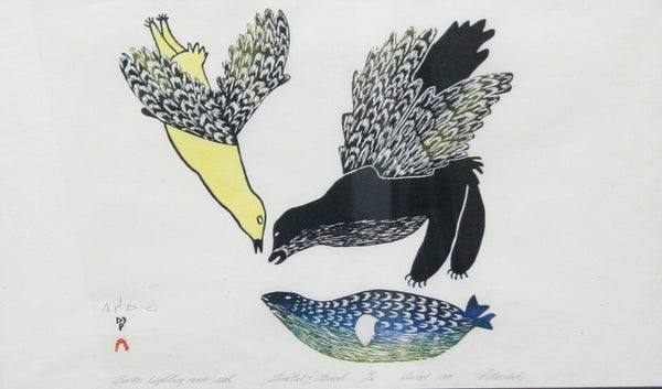 Pitseolak Ashoona artwork 'BIRDS FIGHTING OVER SEAL  1975  6/50' at Canada House Gallery