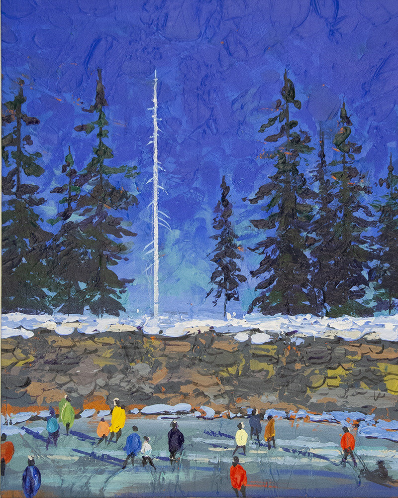 Bill Brownridge artwork 'SKATING UNDER THE LIGHTNING STRIKE' available at Canada House Gallery - Banff, Alberta