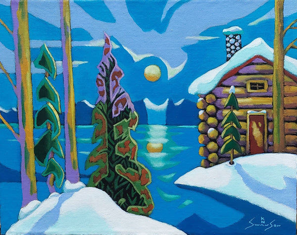 K Neil Swanson artwork 'EVENING MOON CABIN' at Canada House Gallery
