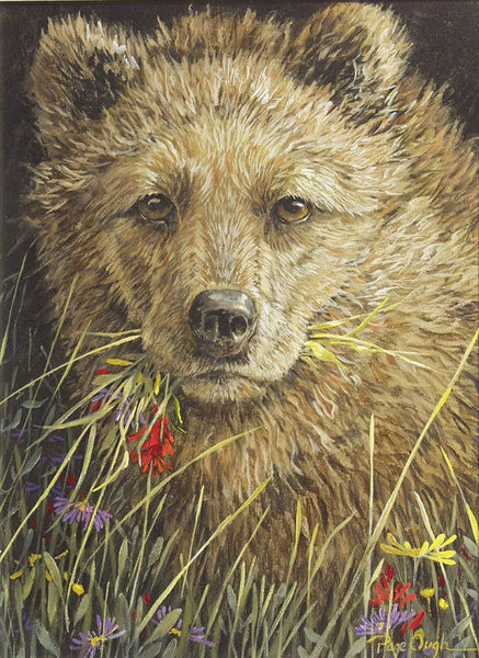 Page Ough artwork 'EVEN CUBS LIKE FLOWERS - GRIZZLY' at Canada House Gallery